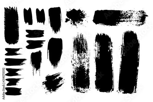 Inked Vector Paint Brush Strokes Set. Big Collection of Black Silhouettes, Paintbrushes, Hand-made Acrylic Wet Blot and Dry Paint Splatters and Waves, Grunge Smear and Dynamic Textured Splotches