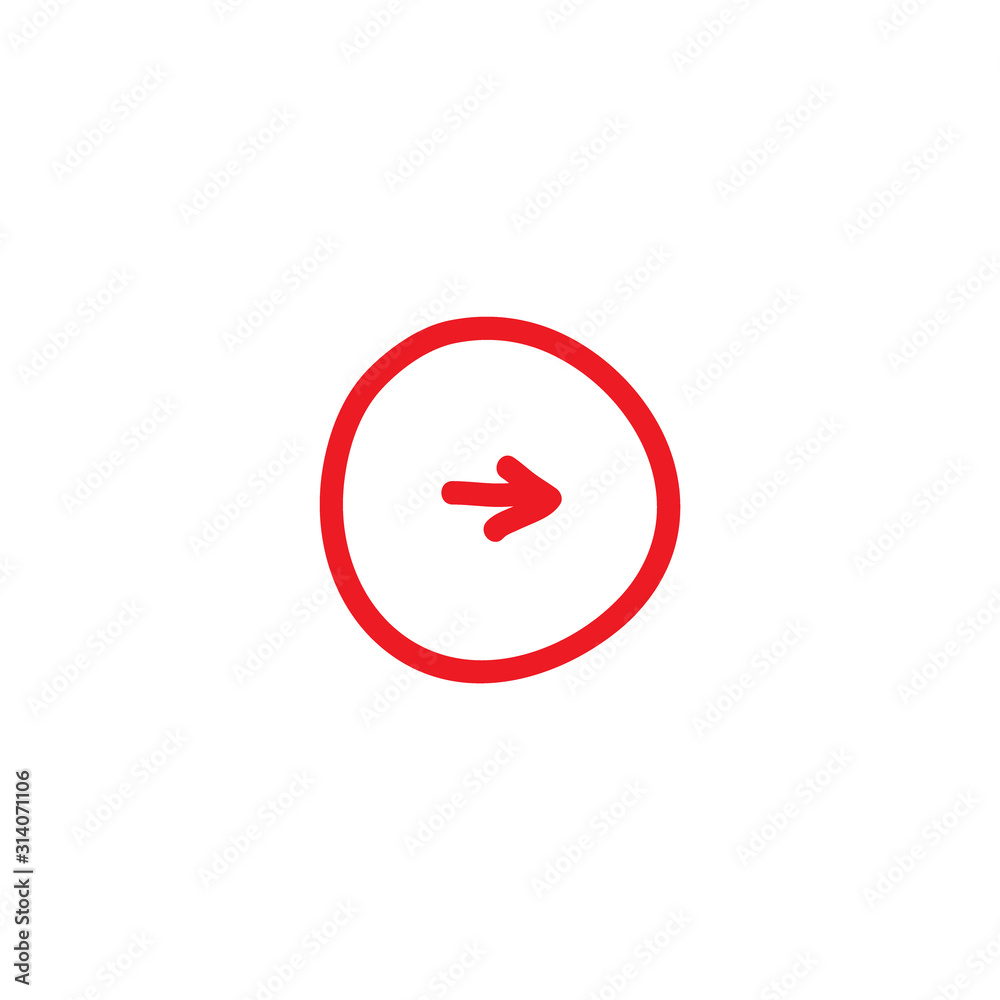 red hand drawn right arrow in circle cartoon icon. Isolated on white. red hand drawn right arrow in circle cartoon icon. Isolated on white.