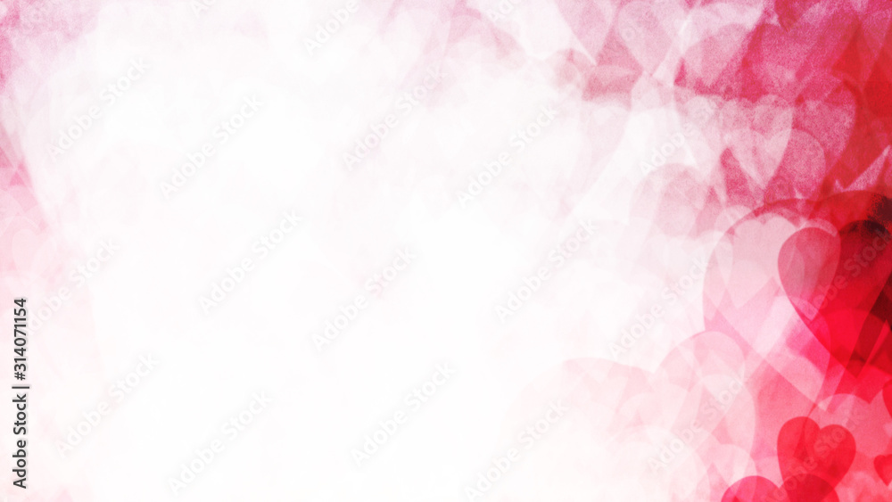 Abstract background. Pink hearts dissolve in a white background. valentines day and love. Computer textured background. Long banner format. Red hearts. Gentle light to bright gradient