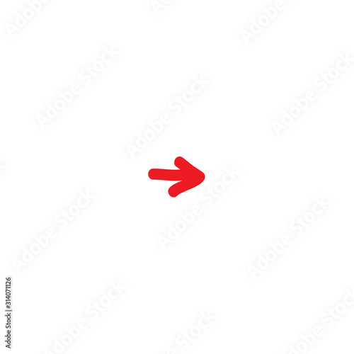 red hand drawn right arrow cartoon icon. Isolated on white.