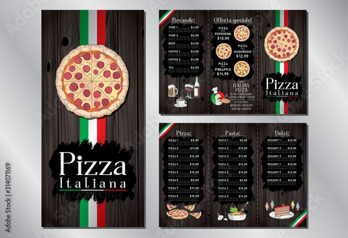 Italian pizza restaurant - menu/ flyer template - pizza, pasta, desserts, drinks - 3 x DL (99x210 mm)