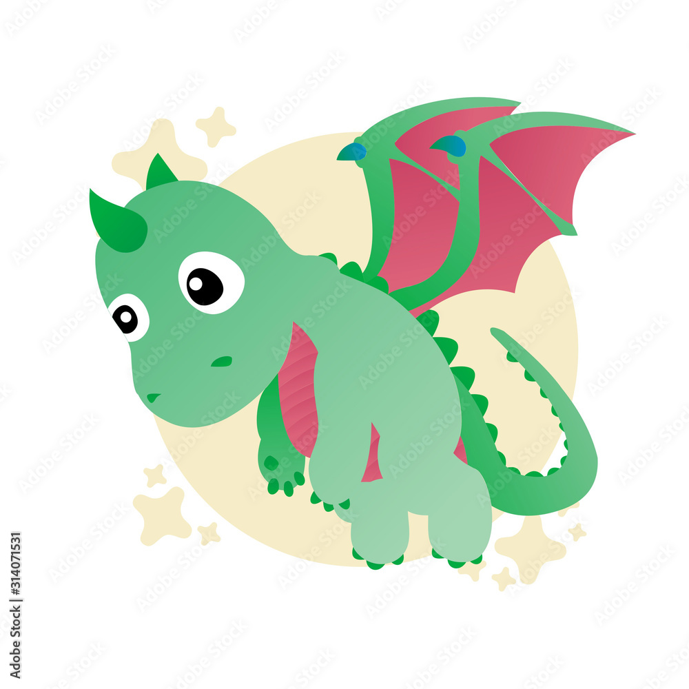 Obraz premium Illustration of Green Dragon Cartoon, Cute Funny Character, Flat Design