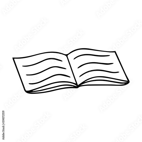 Doodle style Opened notebook, book or magazine. Black-white vector illustration. The element is drawn by hand and isolated on a white background. Notebook, diary for business and notes