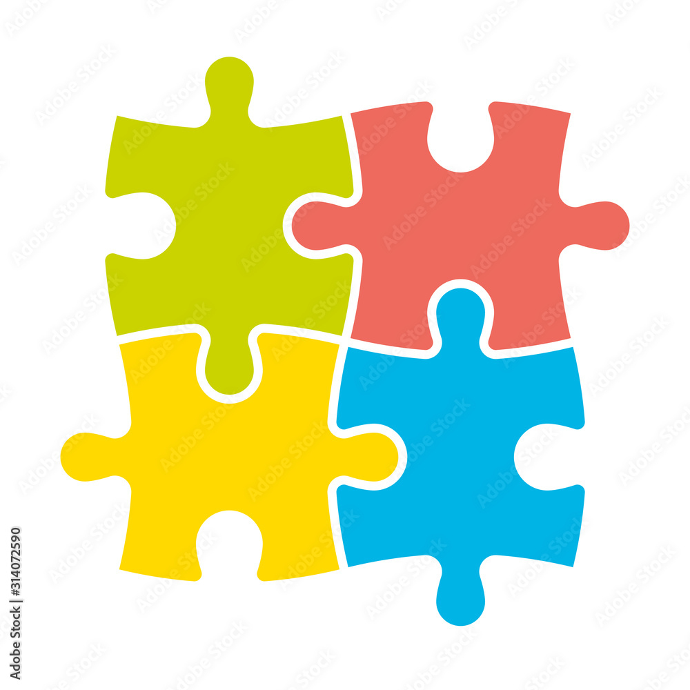 4 colorful jigsaw puzzle pieces. Team cooperation, teamwork or solution  business theme. Simple flat vector illustration Stock-Vektorgrafik | Adobe  Stock