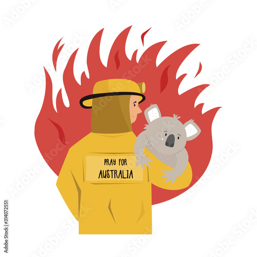Flat illustration of a fire fighter rescuing koala