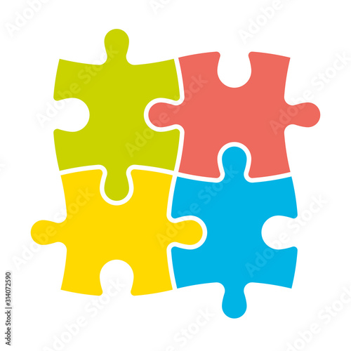 4 colorful jigsaw puzzle pieces. Team cooperation, teamwork or solution business theme. Simple flat vector illustration
