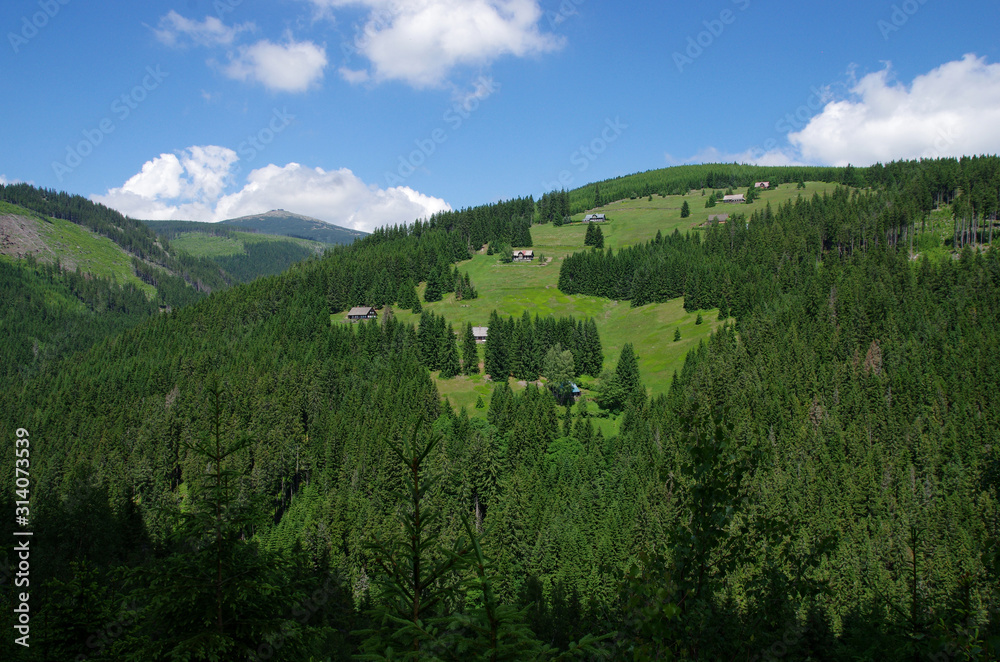 Mountain valley with huts - Simovy chalupy, Krkonose, Czech Republic Mountain valley with huts - Simovy chalupy, Krkonose, Czech Republic