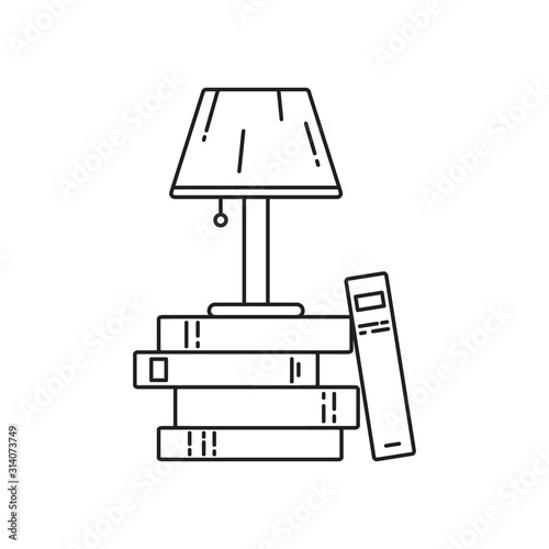 Stack of books and table lamp icon. Thin line art template for study, teaching, work. Black and white simple illustration. Contour hand drawn isolated vector image on white background