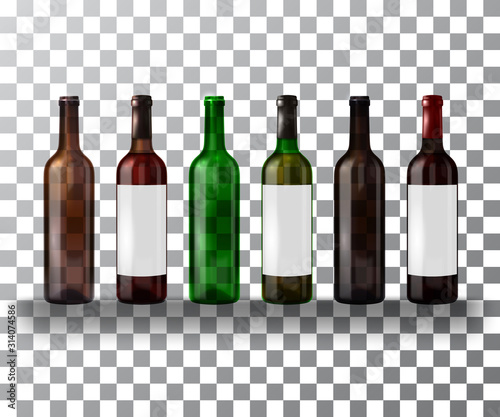 Set of empty and full bottles of wine isolated on a transparent background. Vector illustration.