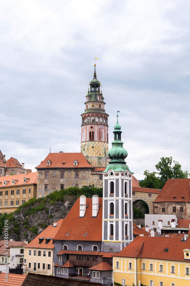 View to Cesky Krumlov Old Town and castle Tower, Czech Republic