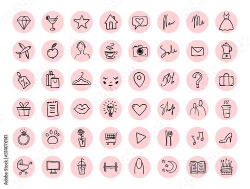 Large set of hand drawn round icons for social networks. Icons for a clothing store, cosmetics, women s blog. Vector illustration