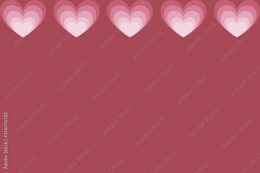 A stripe of five compound hearts, consisting of parts with different transparency and size, on top of a pink background