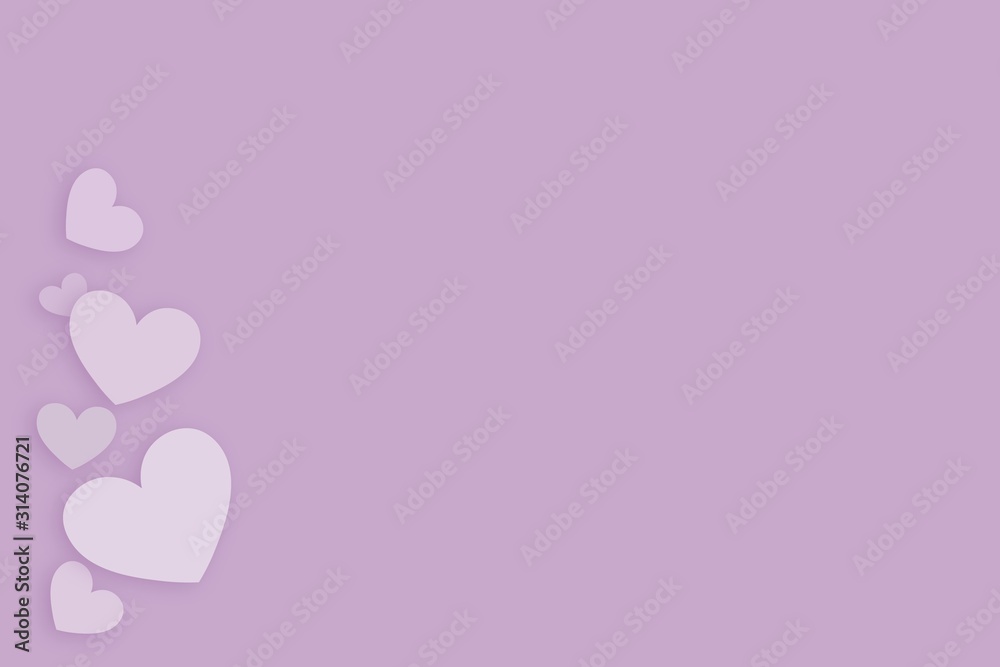 Transparent hearts of different sizes with a shadow on the left in the corner on a lilac-purple background. Vector illustration for valentines day