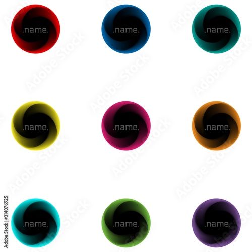 Set of nine multicolor twisting circle logo template with black inside. Vector round sphere buttons