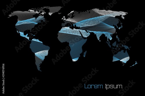 Silhouette of a world map consisting of abstract blue and white waves of dots on a black background
