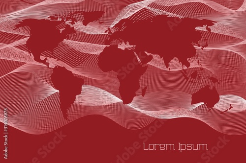 Silhouette of a world map on abstract red and white waves of dots on a red background