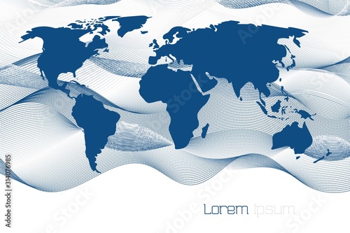 Classic blue silhouette of a world map on abstract waves of dots on a white background
