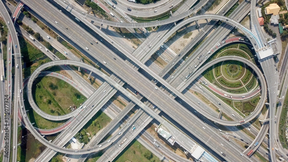 Aerial view highway traffic - obrazy, fototapety, plakaty 
