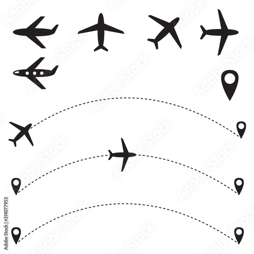 the plane flies along a trajectory. Vector flat illustration isolated on a white background. Airplane travel.