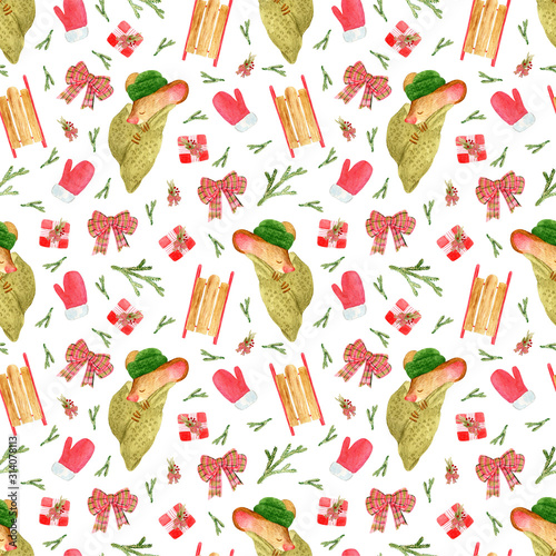 New year pattern, winter pattern, gifts, sled, mittens, fir branches. Mouse in warm winter clothes. Watercolor drawing