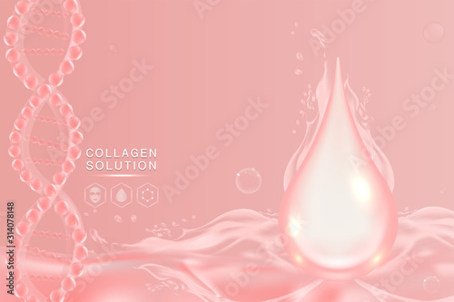 Hyaluronic acid skin solutions ad, pink collagen serum drop with cosmetic advertising background ready to use, illustration vector.	