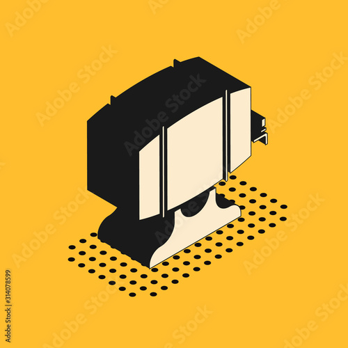 Isometric Wooden barrel on rack with stopcock icon isolated on yellow background. Vector Illustration