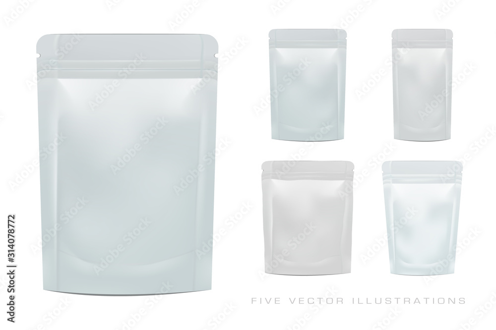 Mock up blank foil food or drink doypack. Illustrations isolated on white background. Graphic concept for your design