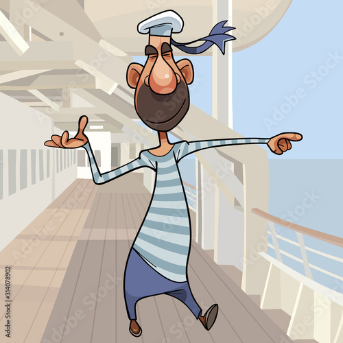 cartoon sailor points hand standing on deck of ship