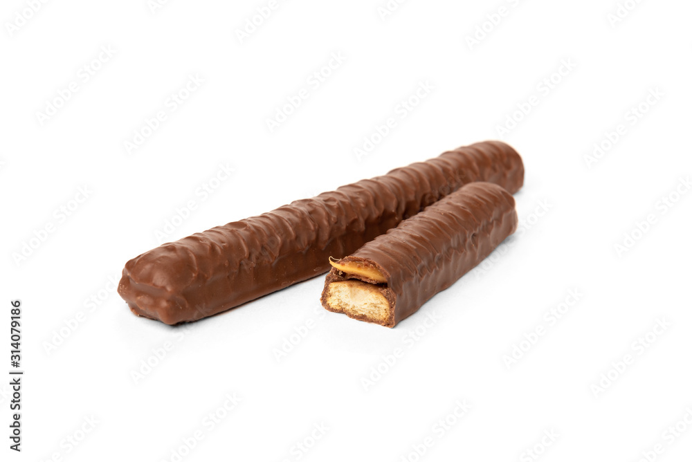 Shortbread stick with caramel in chocolate isolated on white background. Shortbread stick with caramel in chocolate isolated on white background.