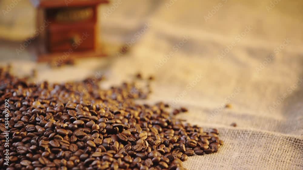 rack focus of coffee beans and coffee grinder on canvas rack focus of coffee beans and coffee grinder on canvas