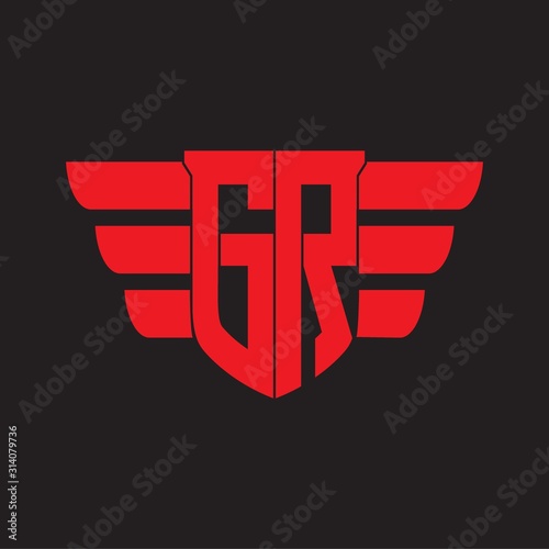 GRLogo monogram with emblem and wings element design template on red colors photo