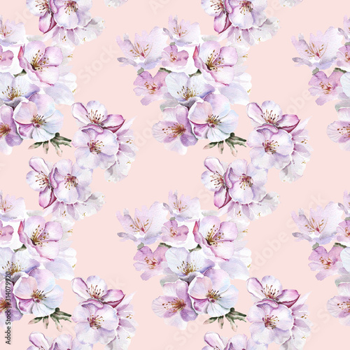 Watercolor seamless pattern with cherry blossomimg. Ideal for wedding  textile  gift wrapping paper  apparel  home decor