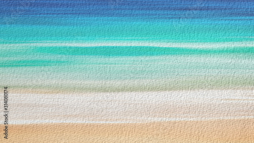 Watercolor illustration of sand beach and sea. Artistic natural painting abstract background. photo