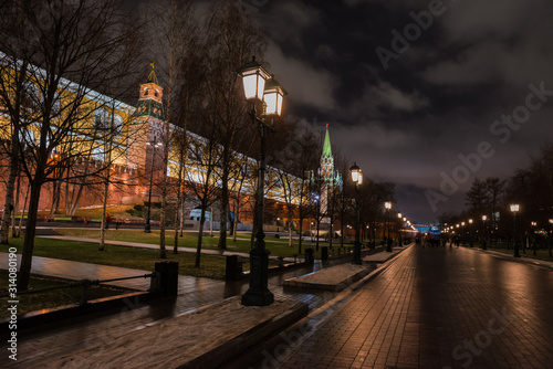 Festive winter lighting of the historical center of the Russian capital near Kremlin and Red sqare. Alexander Garden.