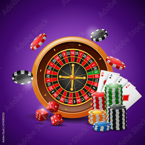 Casino roulette wheel with chips poker, playing cards and red dice on sparkling purple background. Vector illustration