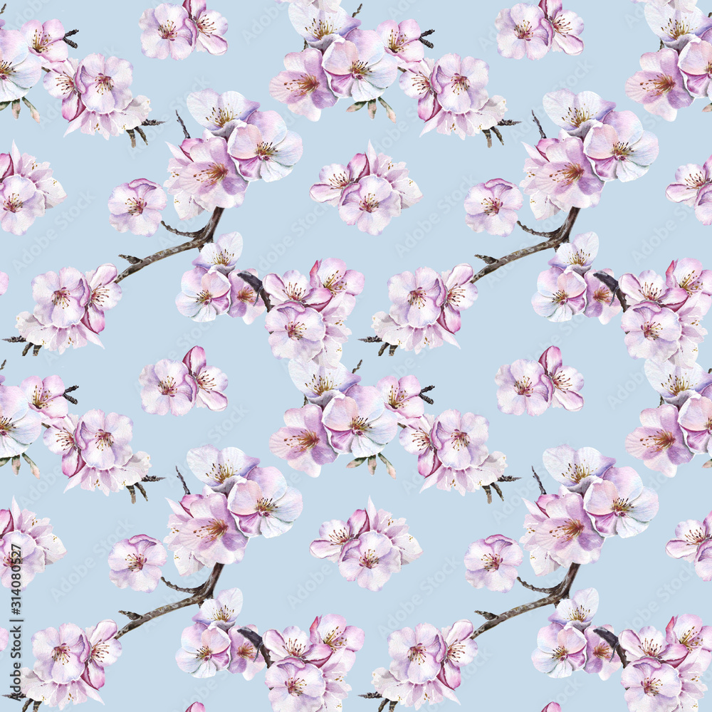 Watercolor seamless pattern with cherry blossomimg. Ideal for wedding, textile, gift wrapping paper, apparel, home decor