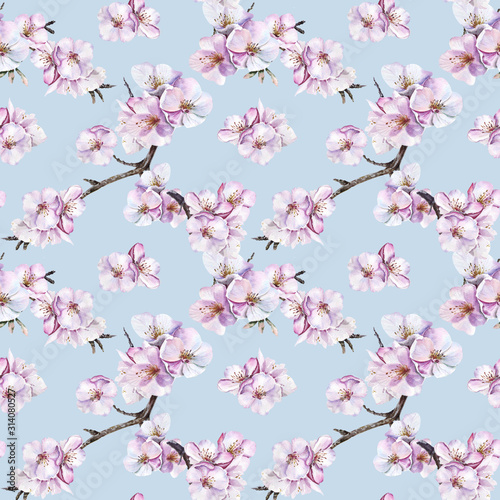 Watercolor seamless pattern with cherry blossomimg. Ideal for wedding, textile, gift wrapping paper, apparel, home decor