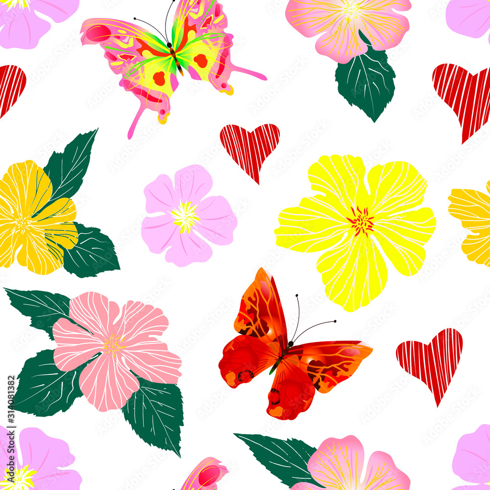Seamless pattern of decorative flowers, hearts, butterflies. Background for valentine's day, spring, print on gift paper, wallpaper, fabric.