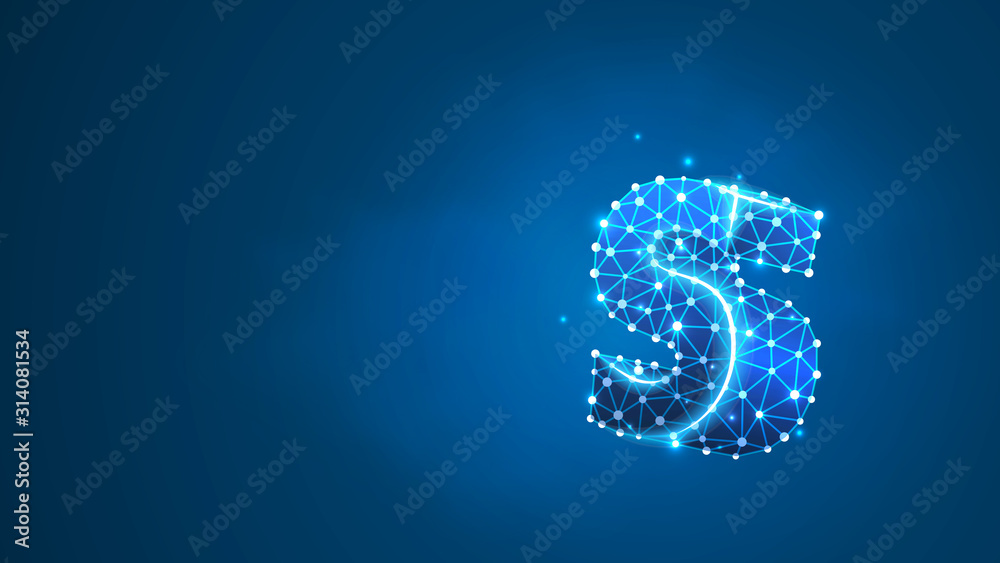 Alphabet letter S. Design of a lowercase english letter. Banner, template or a pattern. Abstract digital wireframe, low poly mesh, vector blue neon 3d illustration. Triangle, line dot Alphabet letter S. Design of a lowercase english letter. Banner, template or a pattern. Abstract digital wireframe, low poly mesh, vector blue neon 3d illustration. Triangle, line dot