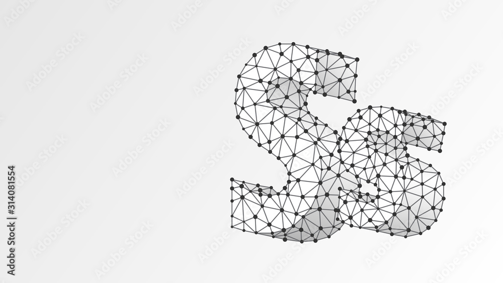 Alphabet letter S. Abstract digital wireframe, low poly mesh, vector white origami 3d illustration. Design of an Uppercase and lowercase english letters. Banner, template or a pattern. Line dot Alphabet letter S. Abstract digital wireframe, low poly mesh, vector white origami 3d illustration. Design of an Uppercase and lowercase english letters. Banner, template or a pattern. Line dot