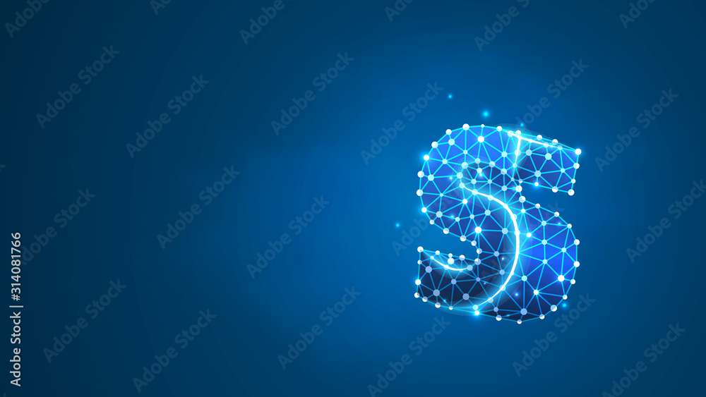 Alphabet letter S. Design of a lowercase english letter. Banner, template or a pattern. Abstract digital wireframe, low poly mesh, Raster blue neon 3d illustration. Triangle, line, dot Alphabet letter S. Design of a lowercase english letter. Banner, template or a pattern. Abstract digital wireframe, low poly mesh, Raster blue neon 3d illustration. Triangle, line, dot