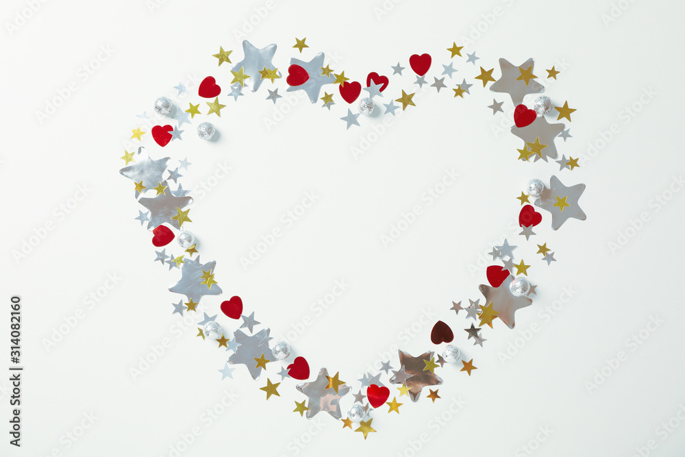 Heart made of glitter on white background, space for text
