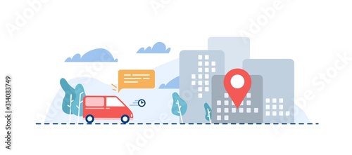Orders delivery flat vector illustration. Cartoon car carrying parcels to destination point. Delivery service, post office vehicle. Door to door products shipment. Express orders transportation.