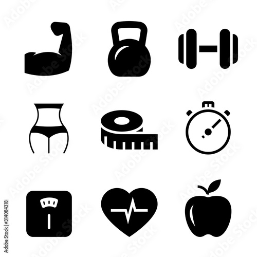 Fitness black icons on white background. Contains workout istrument, diet program, healthy eat vector illustration