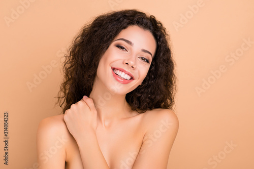 Close-up portrait of her she nice-looking attractive sweet adorable tender gentle cheerful wavy-haired girl purity perfect tone wash uplift lifting effect isolated over beige background