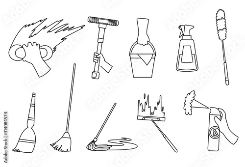Vector of Domestic housework. Household Cleaning Equipments. Cleaning kit. A set of colorful icon collection isolated on white background. Sketch style