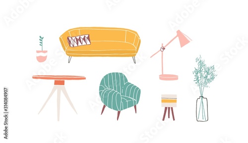 Furniture pieces hand drawn vector illustrations set. Home decor design elements isolated on white background. Cartoon sofa, potted plant and table lamp. Minimalist armchair and wooden stool.