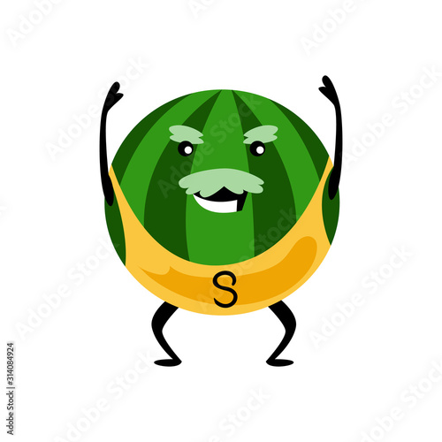Sport strong watermelon character. Funny fruit food on sport exercises, fitness vitaminic human healthy nutrition vector illustration