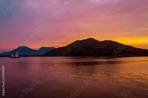 View of the Fateh Sagar Lake during evening in Udaipur, Rajasthan, India
