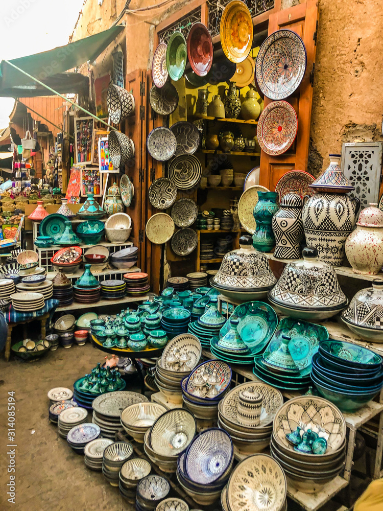 Pottery stall in the Marrakech market, Morocco
